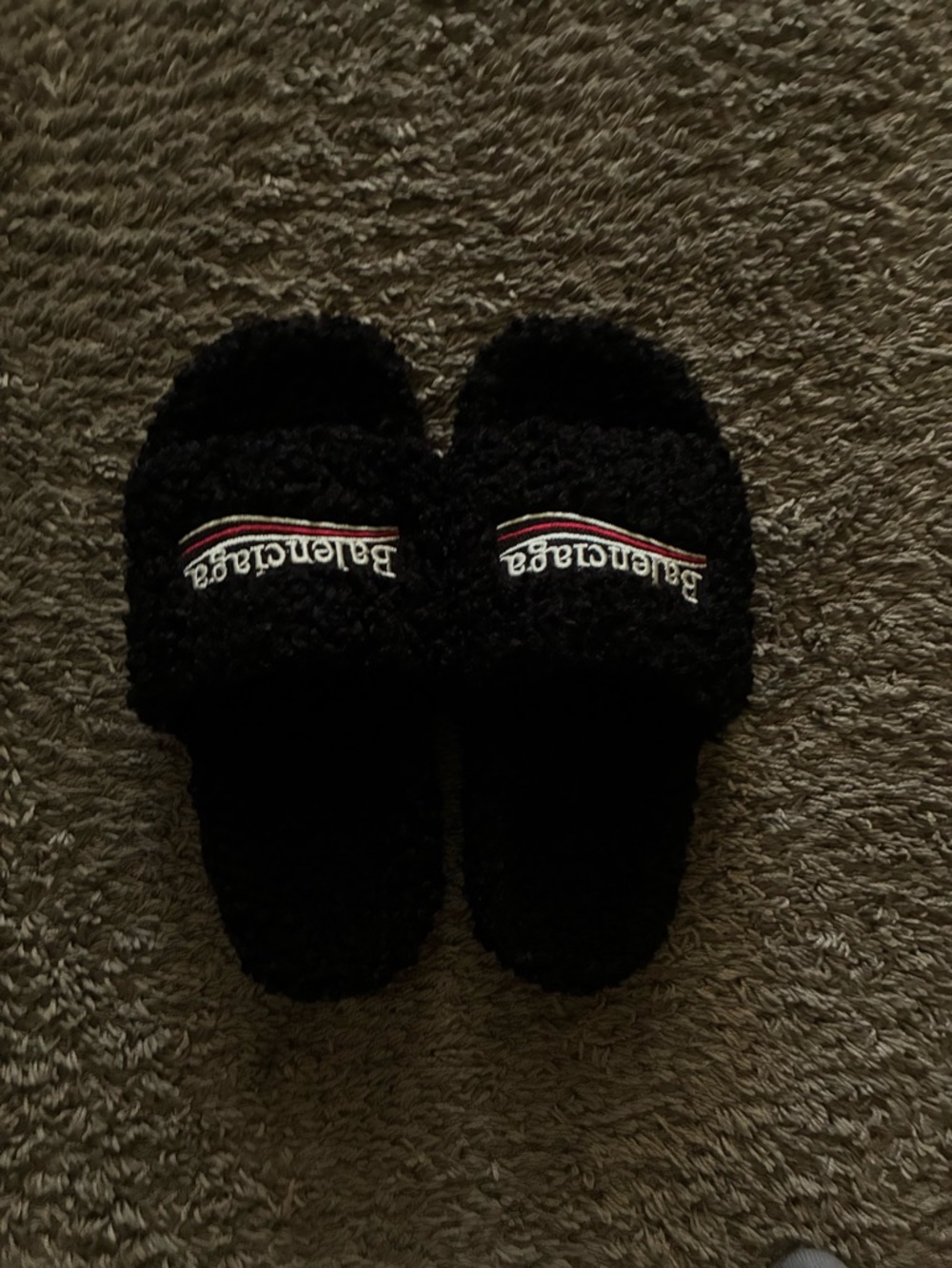 Balenciaga Black Sherpa Slide Sandals with Tri-Stripe Logo